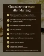 💌 Just Married & Thinking “How do I Change my Name?”

Your Marriage Certificate has arrived! 🎉 If you're planning to change your name and feeling a bit confused by the whole process, don’t worry, we’ve got you covered.

✅ Your certificate shows the name you married in (your “old” name, not your “new” one).
✅ You can use it to take your partner’s surname (or vice versa), double-barrel, or keep your own.
✅ Send copies to places like the DVLA, banks, the Home Office, insurance companies, etc.
✅ Processing times vary with each different authority, so ordering extra copies can help speed things up!

💡 If you do need some extra copies and you were married in Cheshire East, you can order them through the link in our bio

*Please note that this is a guide only. It is your responsibility to check that you have informed all the relevant agencies of your name change.