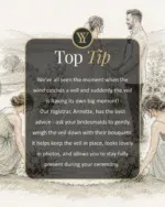 ✨ Top Tips Tuesday ✨ 

Are you planning an outdoor wedding ceremony? Save this veil hack. ☀️ 

We’ve all seen the moment when the wind catches a veil and suddenly the veil is having its own big moment! 👰‍♀️ 💨 

Our registrar, Annette, has the best advice - ask your bridesmaids to gently weigh the veil down with their bouquets. It helps keep the veil in place, looks lovely in photos, and allows you to stay fully present during your ceremony. 🙌